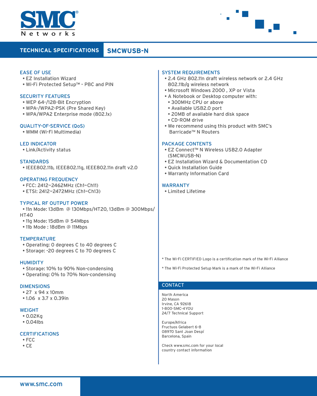 SMC Networks manual Technical Specifications SMCWUSB-N, Contact 