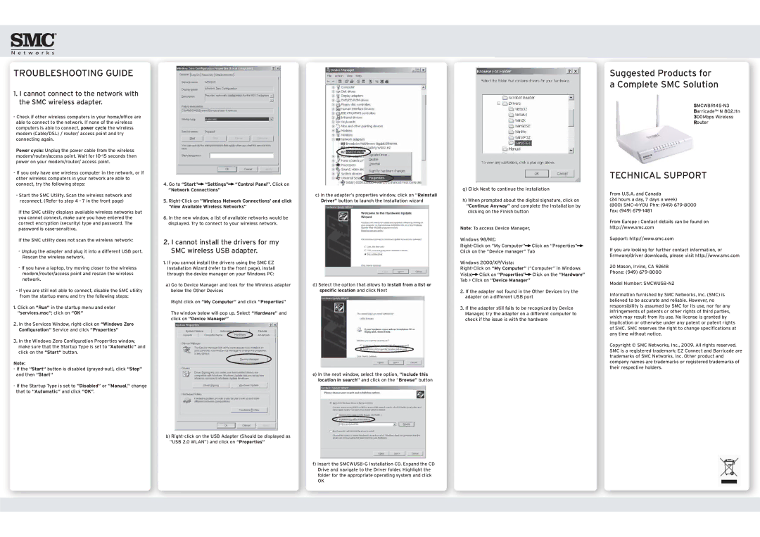 SMC Networks SMCWUSB-N2 user manual Troubleshooting Guide, Technical Support 