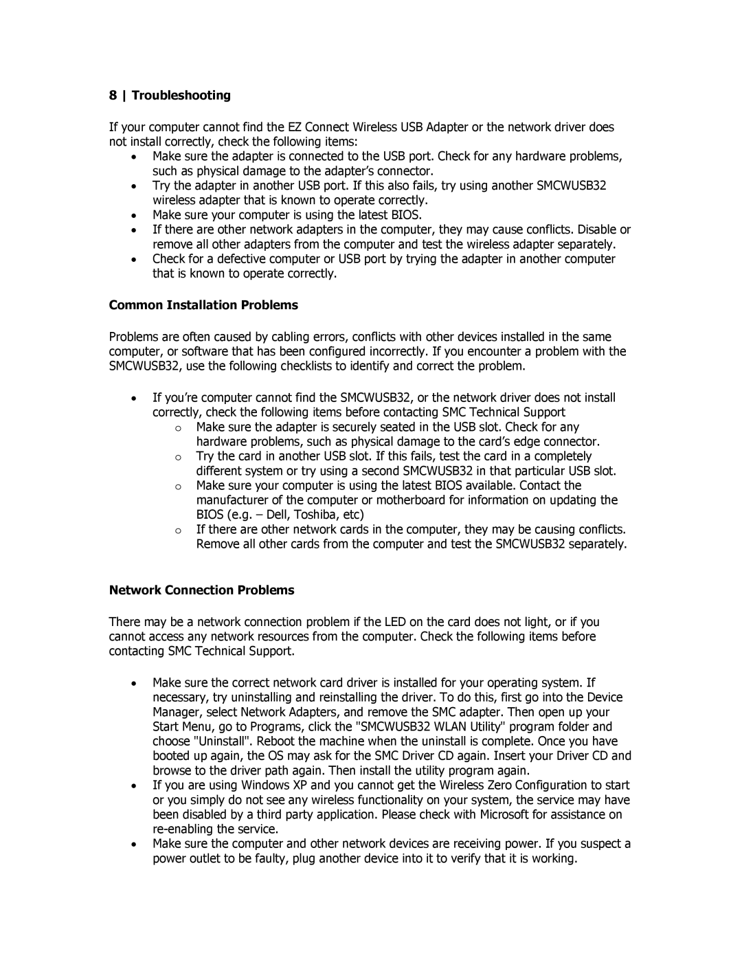 SMC Networks SMCWUSB32 manual Troubleshooting, Common Installation Problems, Network Connection Problems 