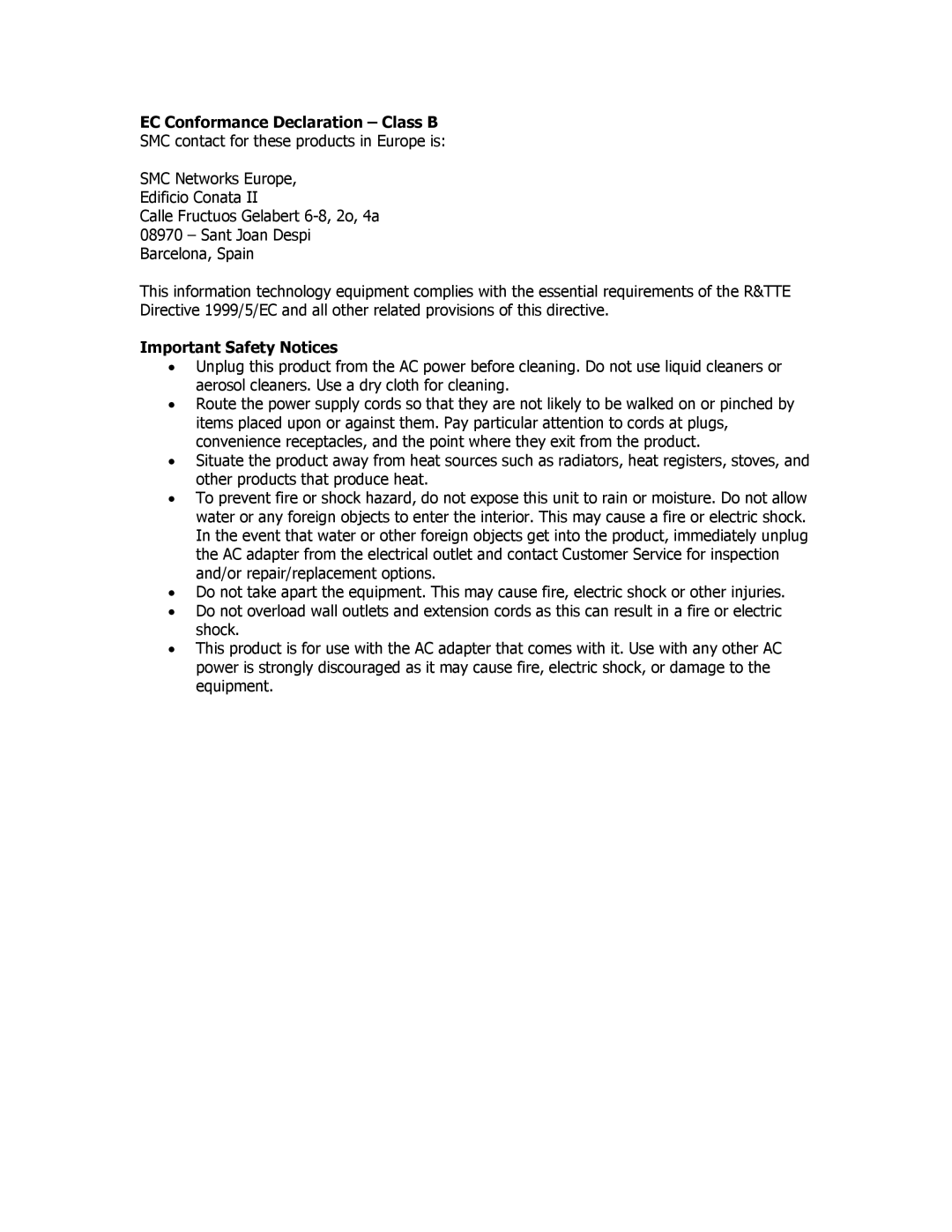 SMC Networks SMCWUSB32 manual EC Conformance Declaration Class B, Important Safety Notices 