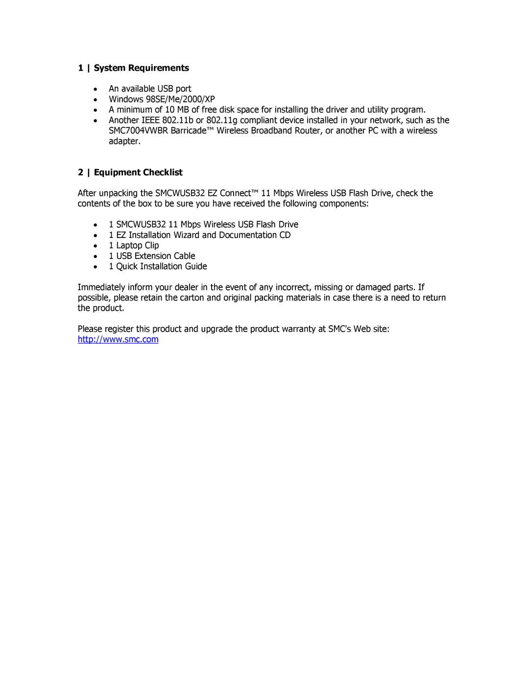 SMC Networks SMCWUSB32 manual System Requirements, Equipment Checklist 