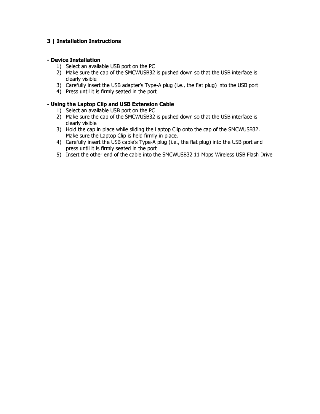 SMC Networks SMCWUSB32 manual Installation Instructions Device Installation, Using the Laptop Clip and USB Extension Cable 