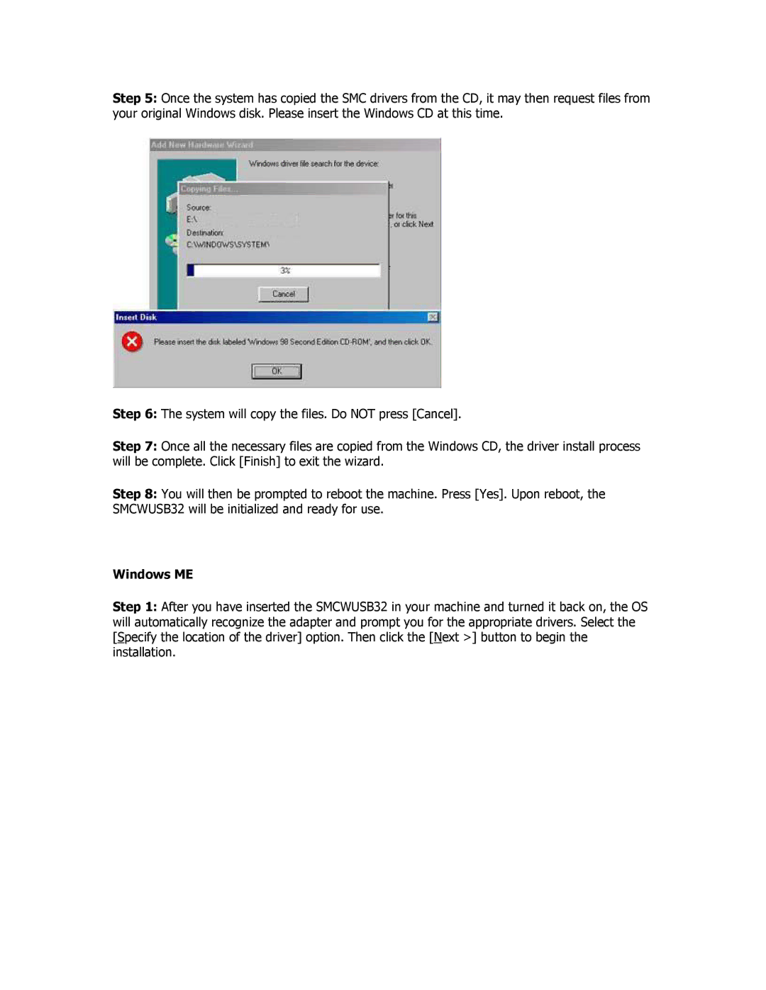 SMC Networks SMCWUSB32 manual Windows ME 