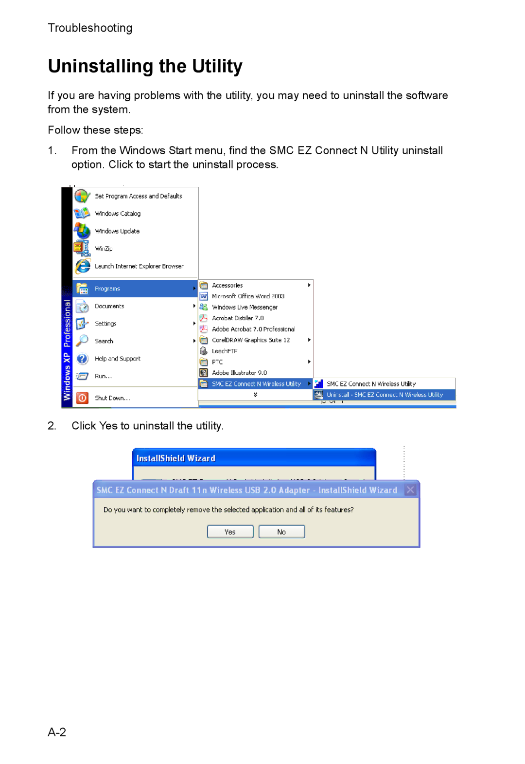 SMC Networks SMCWUSBS-N manual Uninstalling the Utility 