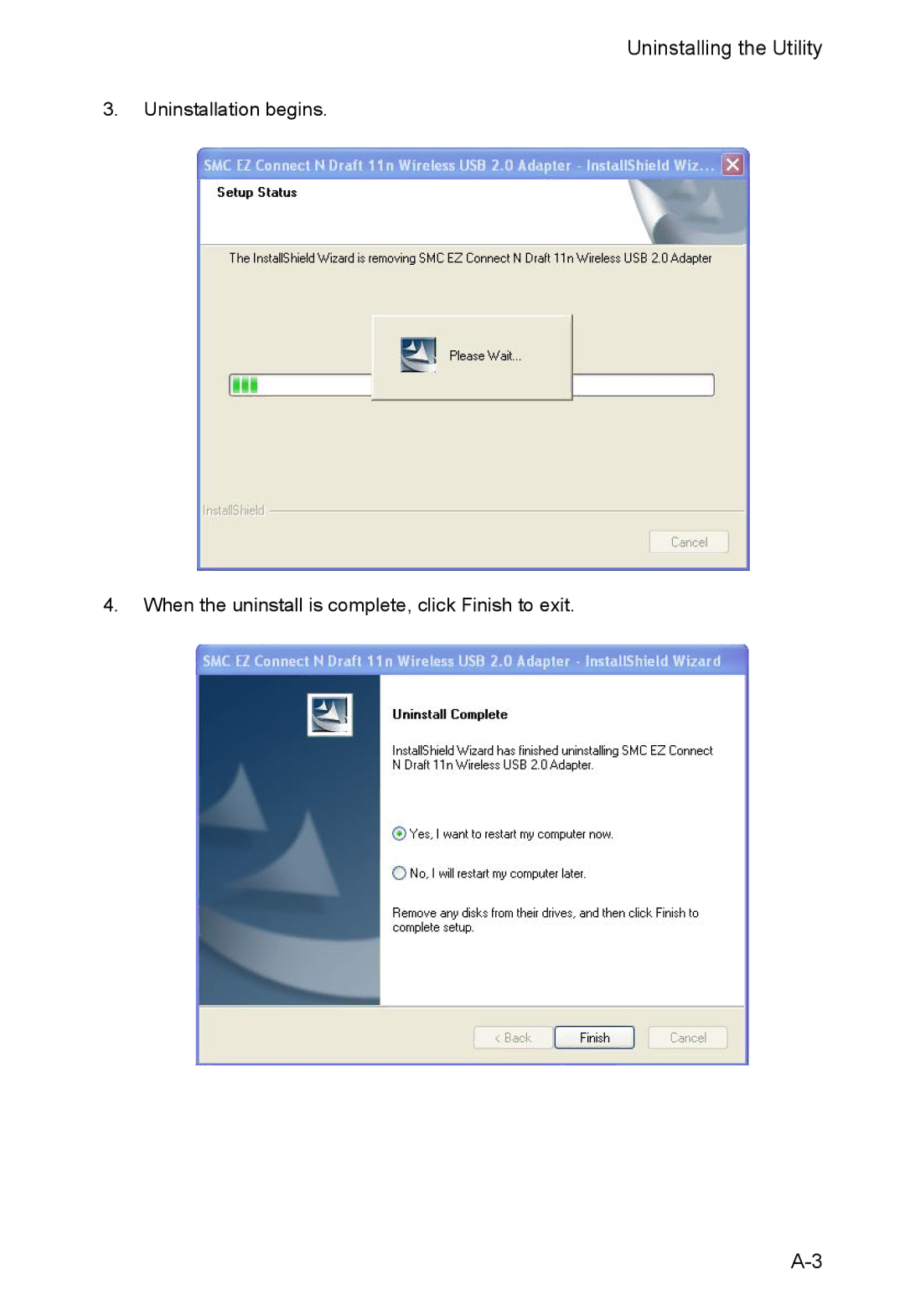 SMC Networks SMCWUSBS-N manual Uninstalling the Utility 