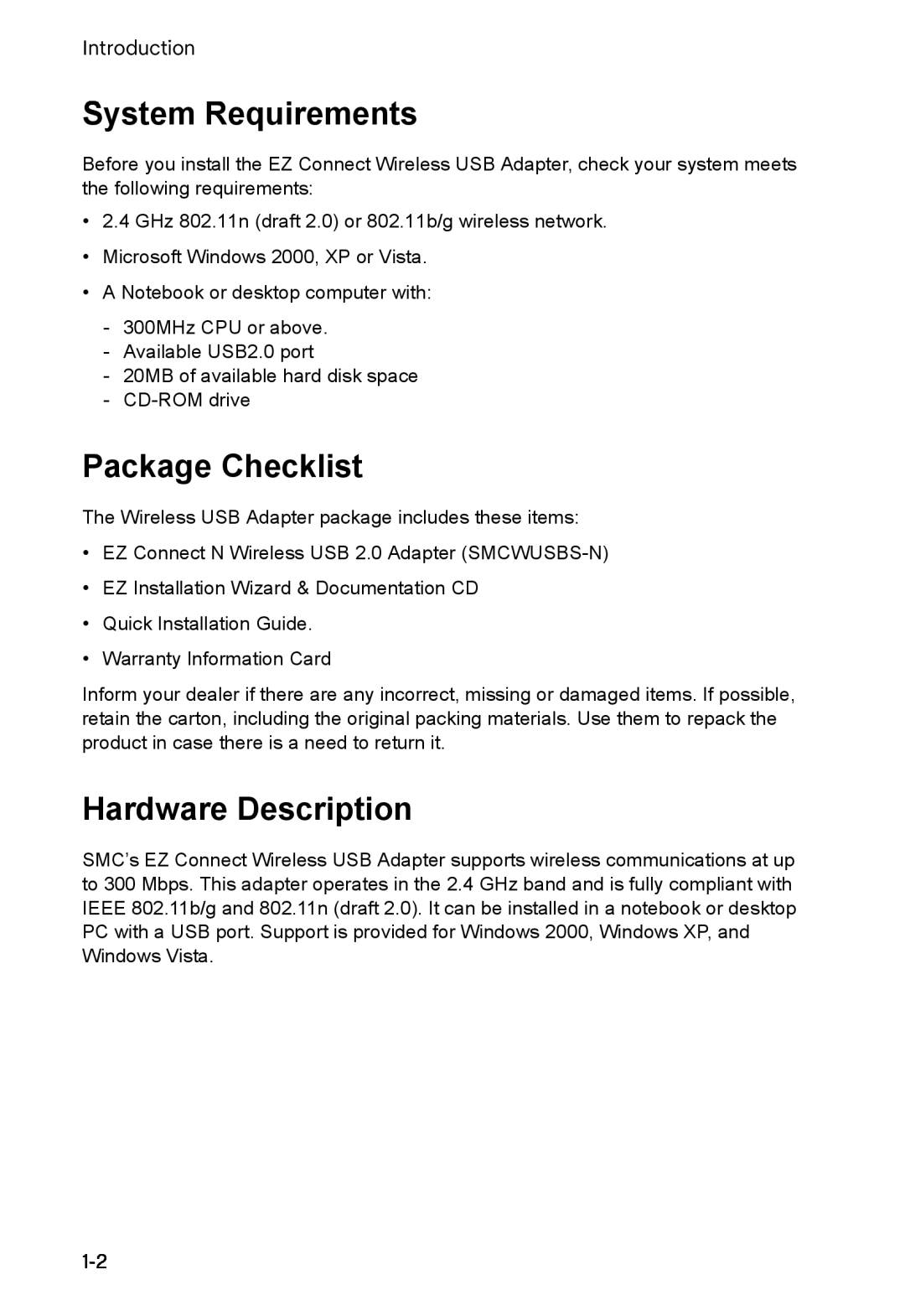 SMC Networks SMCWUSBS-N manual System Requirements, Package Checklist, Hardware Description 