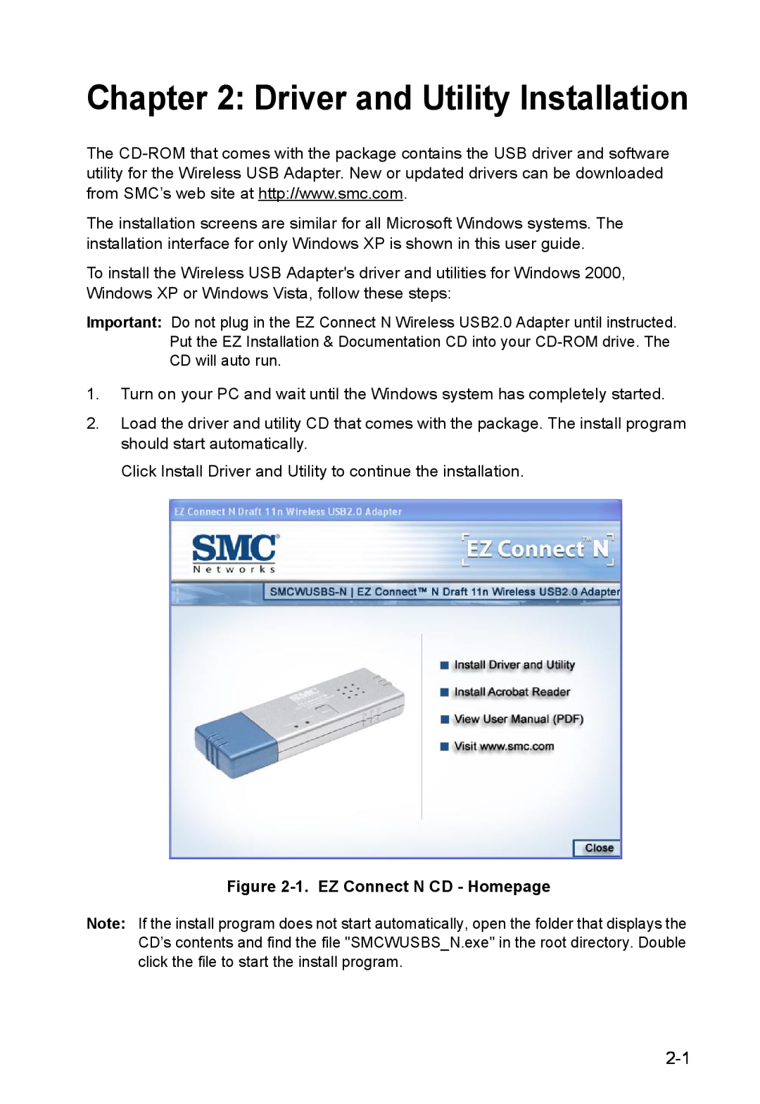 SMC Networks SMCWUSBS-N manual Driver and Utility Installation, 1. EZ Connect N CD - Homepage 