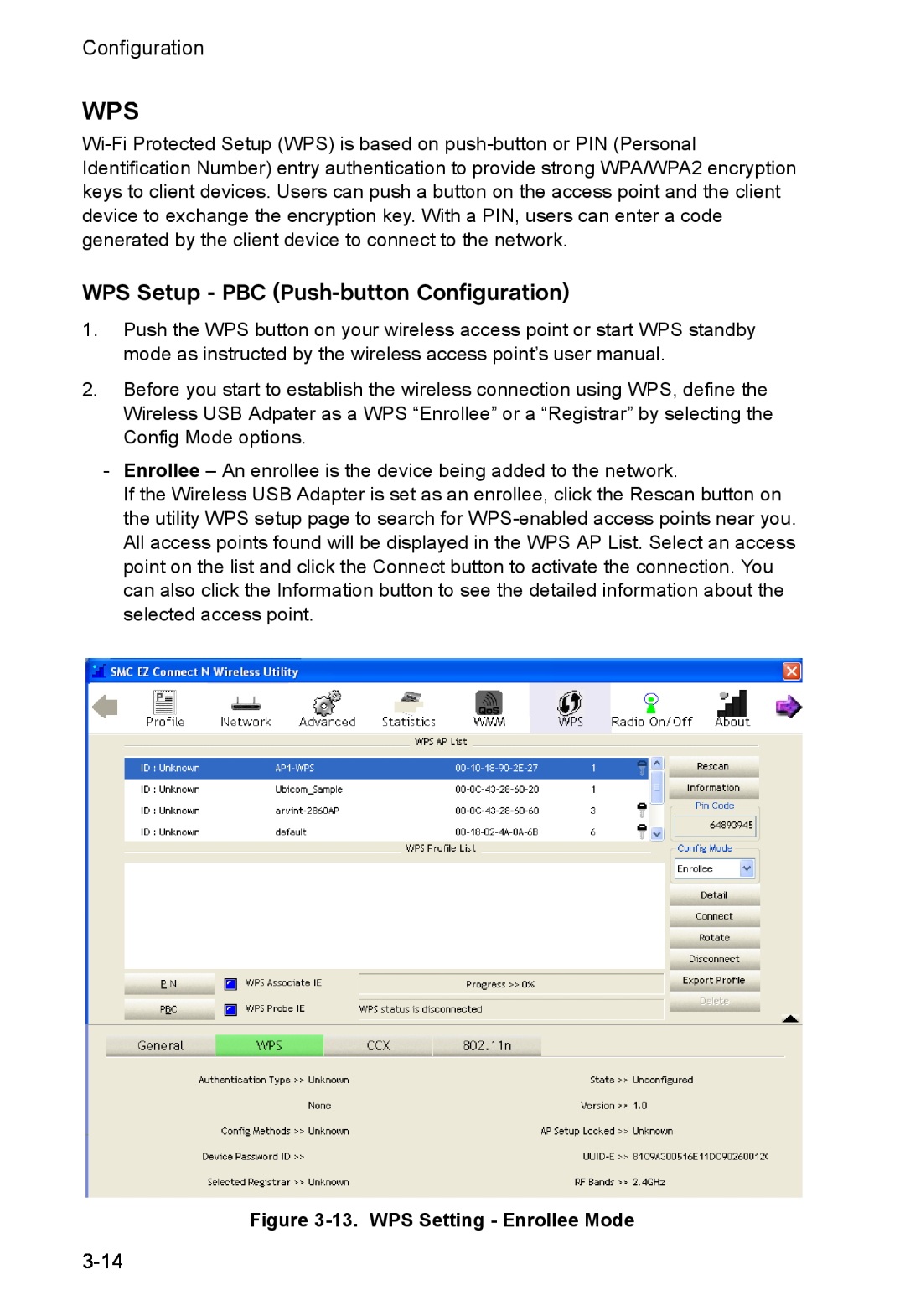 SMC Networks SMCWUSBS-N manual WPS Setup - PBC Push-button Configuration, 13. WPS Setting - Enrollee Mode 