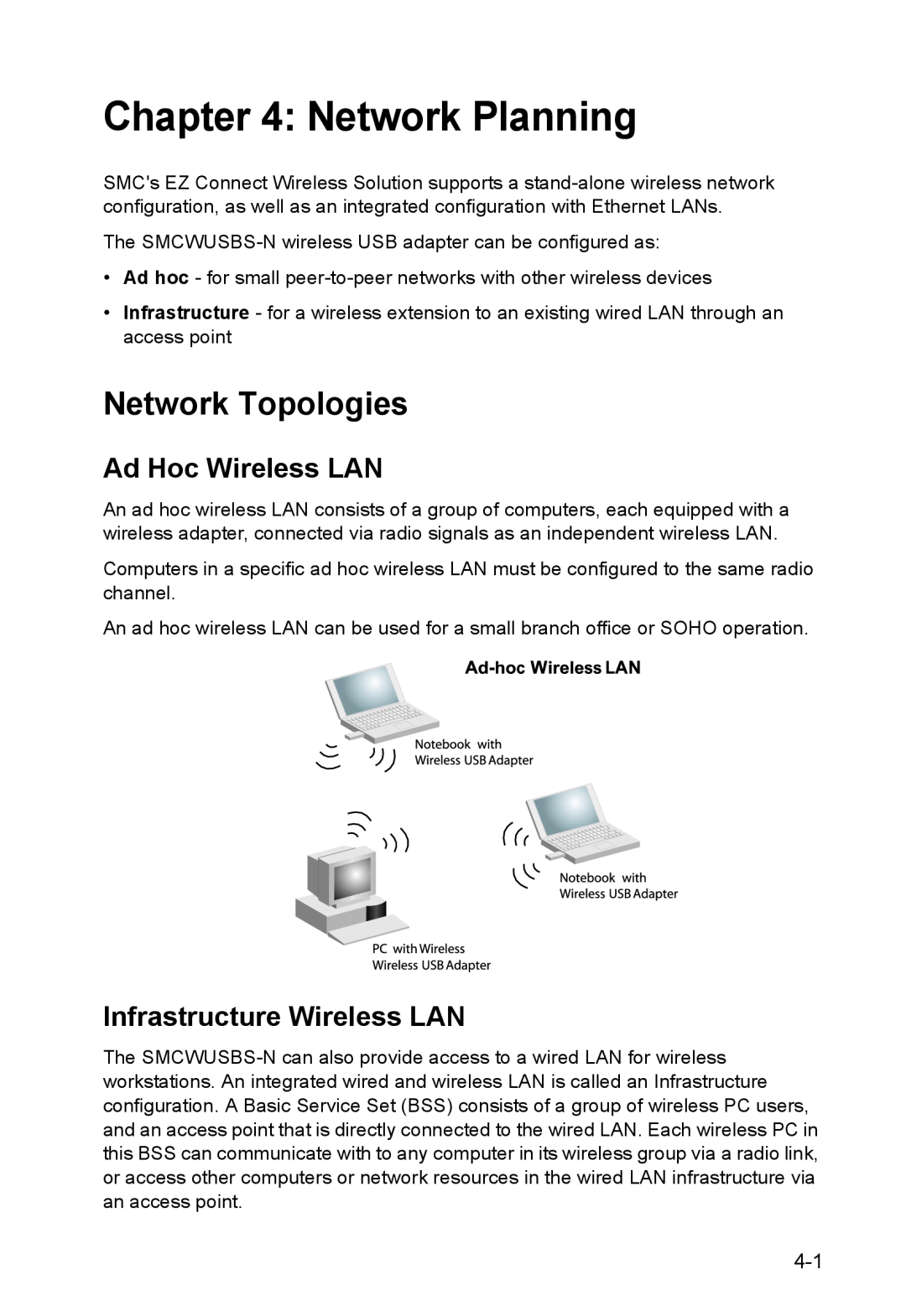 SMC Networks SMCWUSBS-N manual Network Planning, Network Topologies, Ad Hoc Wireless LAN, Infrastructure Wireless LAN 