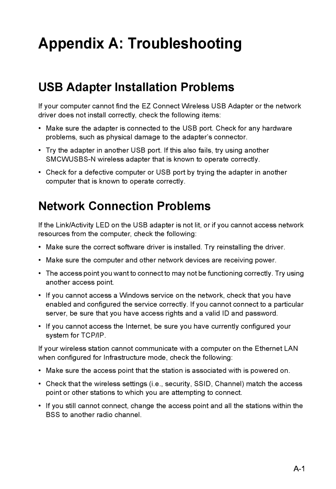 SMC Networks SMCWUSBS-N manual Appendix A Troubleshooting, USB Adapter Installation Problems, Network Connection Problems 