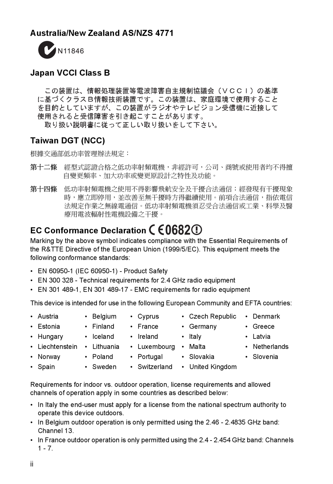 SMC Networks SMCWUSBS-N manual Australia/New Zealand AS/NZS Japan VCCI Class B Taiwan DGT NCC, EC Conformance Declaration 