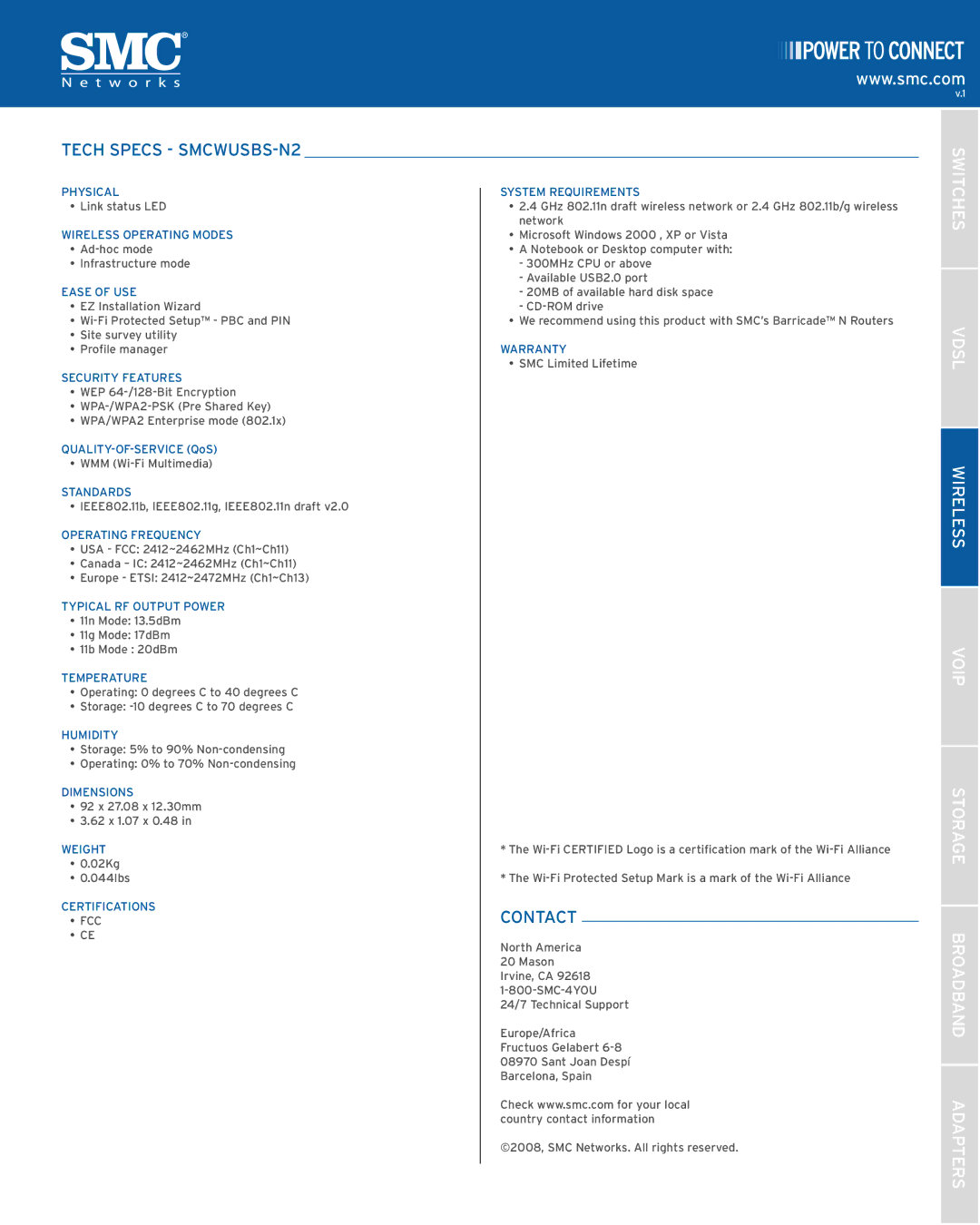 SMC Networks manual Tech Specs SMCWUSBS-N2, Wireless Voip, Contact 