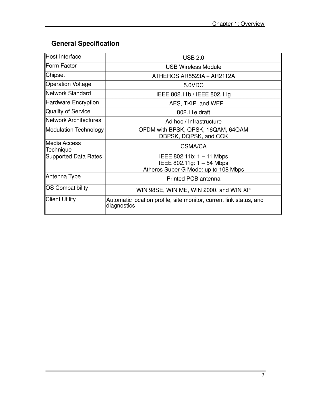 SMC Networks SMCWUSBT-G manual General Specification, Atheros AR5523A + AR2112A 