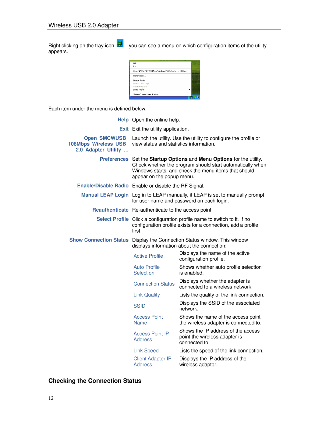 SMC Networks SMCWUSBT-G manual Checking the Connection Status, Adapter Utility … 