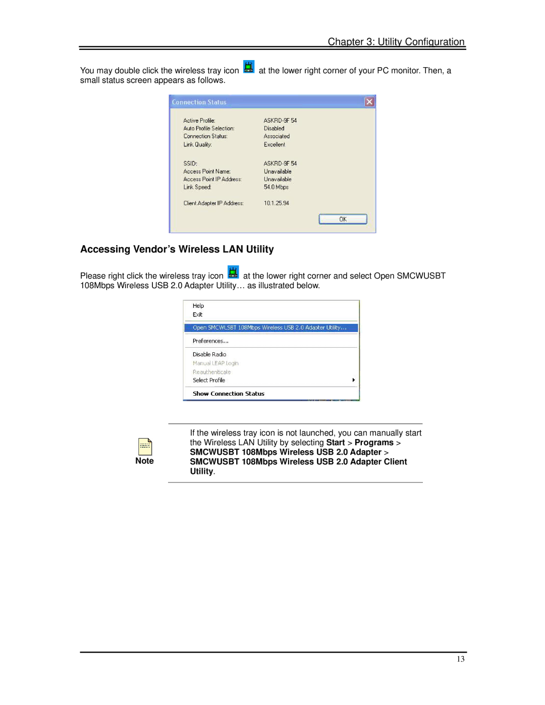 SMC Networks SMCWUSBT-G manual Accessing Vendor’s Wireless LAN Utility 