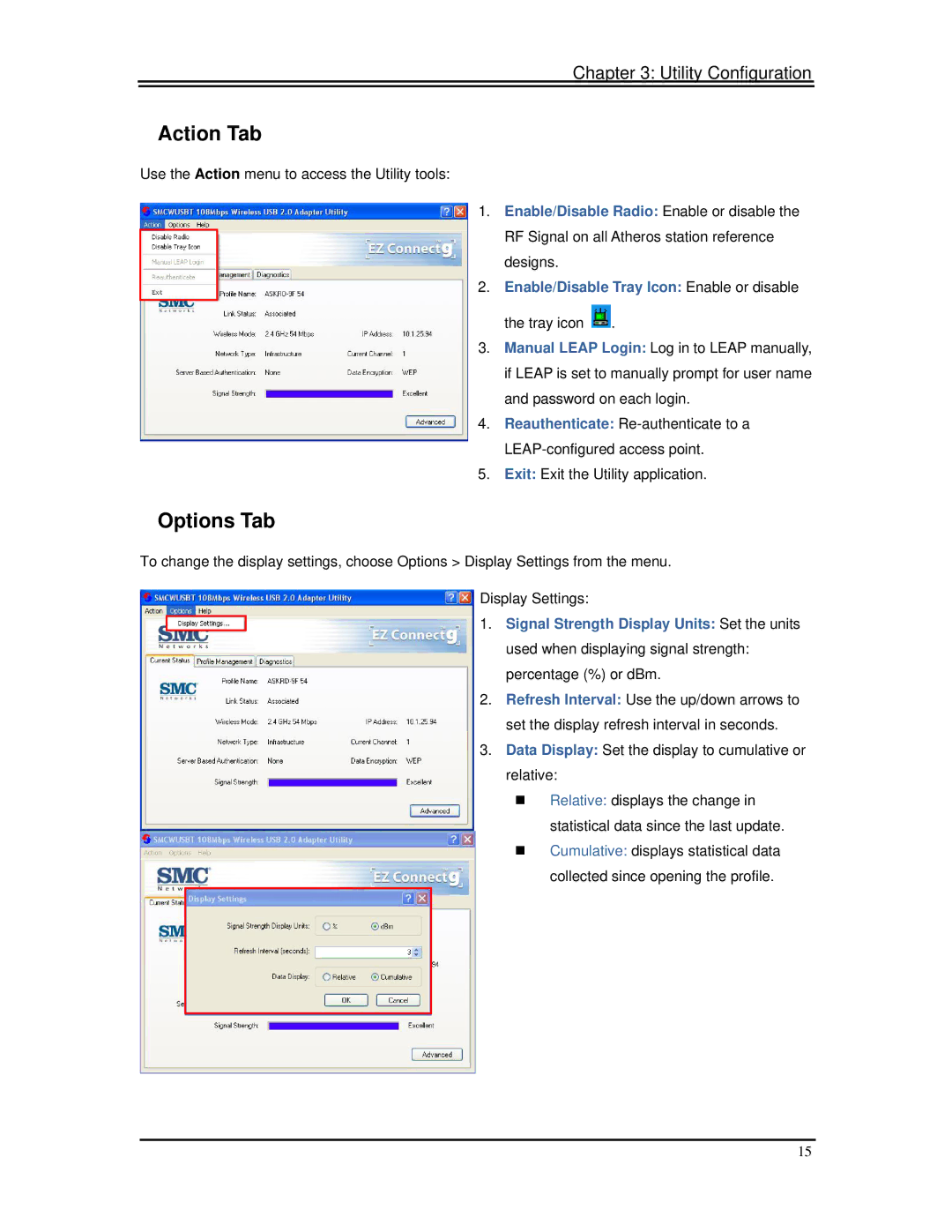 SMC Networks SMCWUSBT-G manual Action Tab, Options Tab, Enable/Disable Tray Icon Enable or disable 