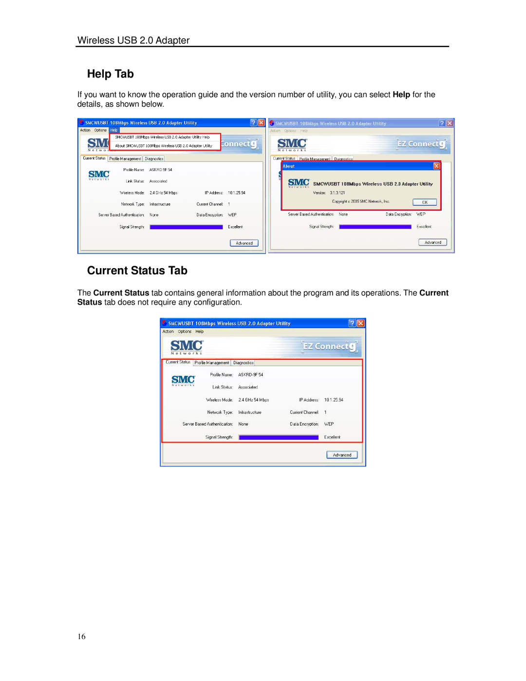 SMC Networks SMCWUSBT-G manual Help Tab, Current Status Tab 