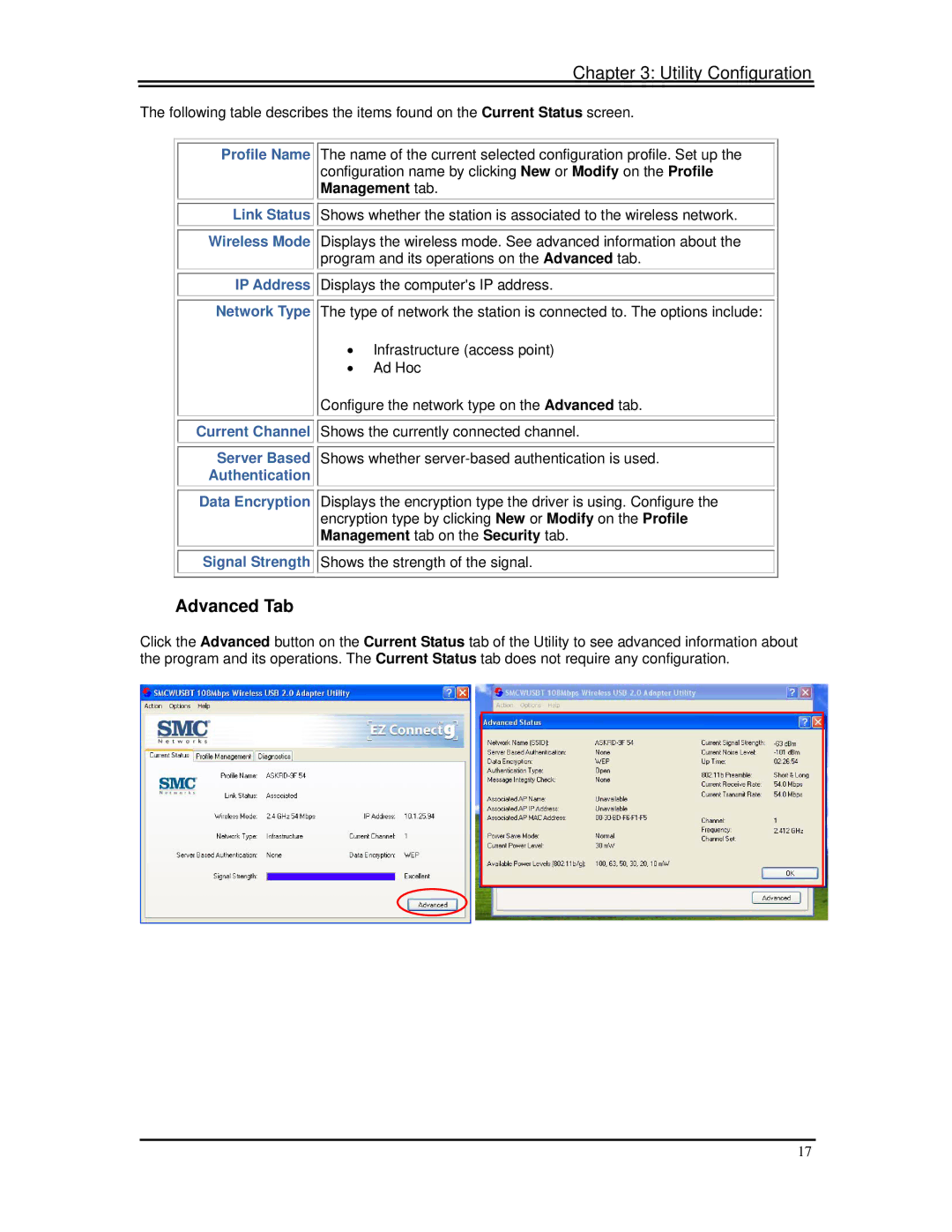 SMC Networks SMCWUSBT-G manual Advanced Tab, Authentication 