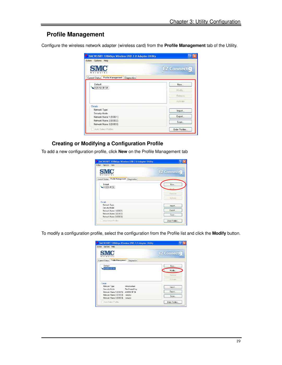 SMC Networks SMCWUSBT-G manual Profile Management, Creating or Modifying a Configuration Profile 