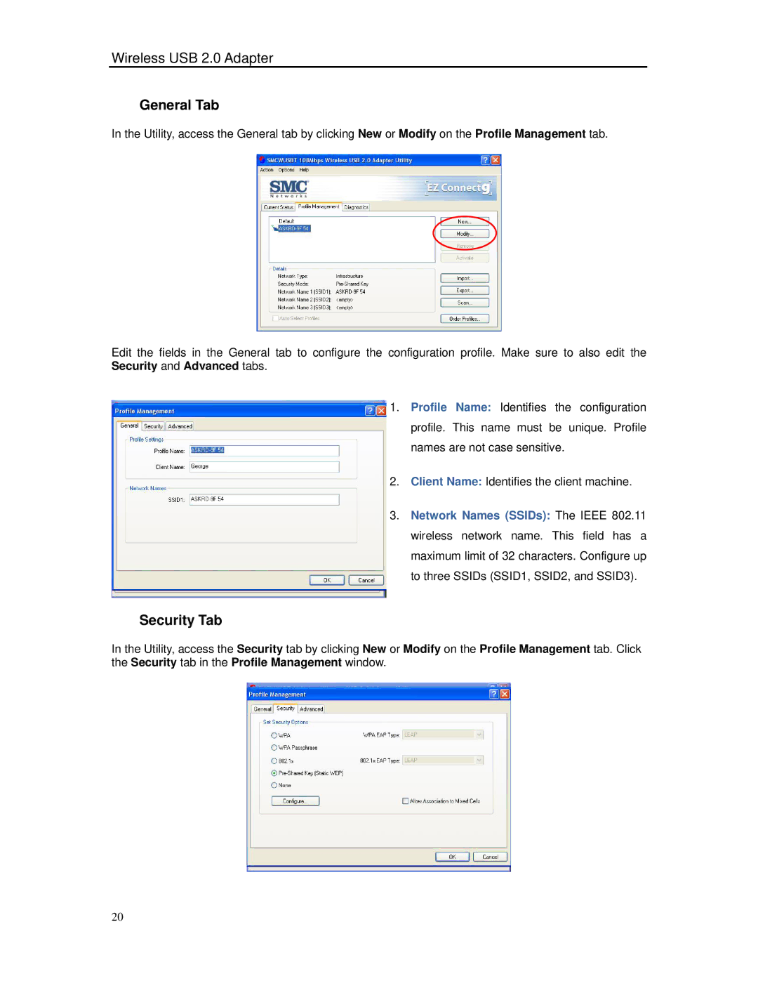 SMC Networks SMCWUSBT-G manual General Tab, Security Tab 