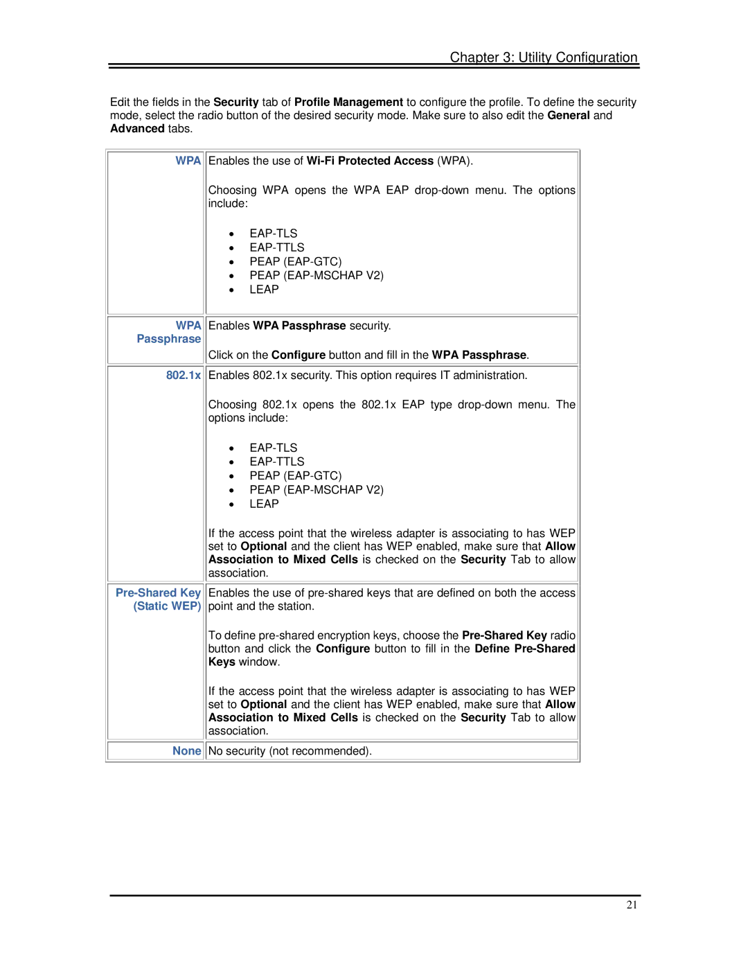 SMC Networks SMCWUSBT-G manual Passphrase 802.1x, None 