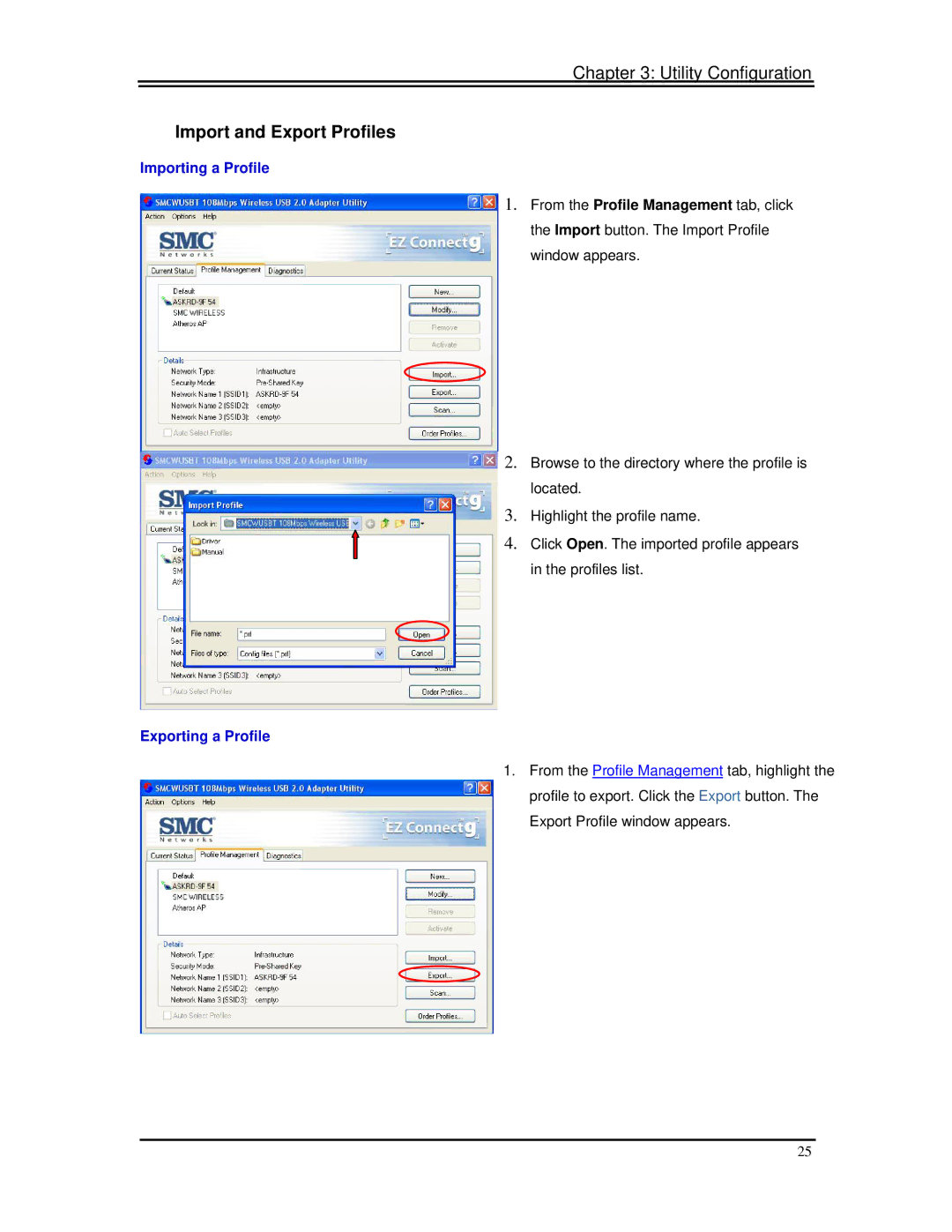 SMC Networks SMCWUSBT-G manual Import and Export Profiles, Importing a Profile 