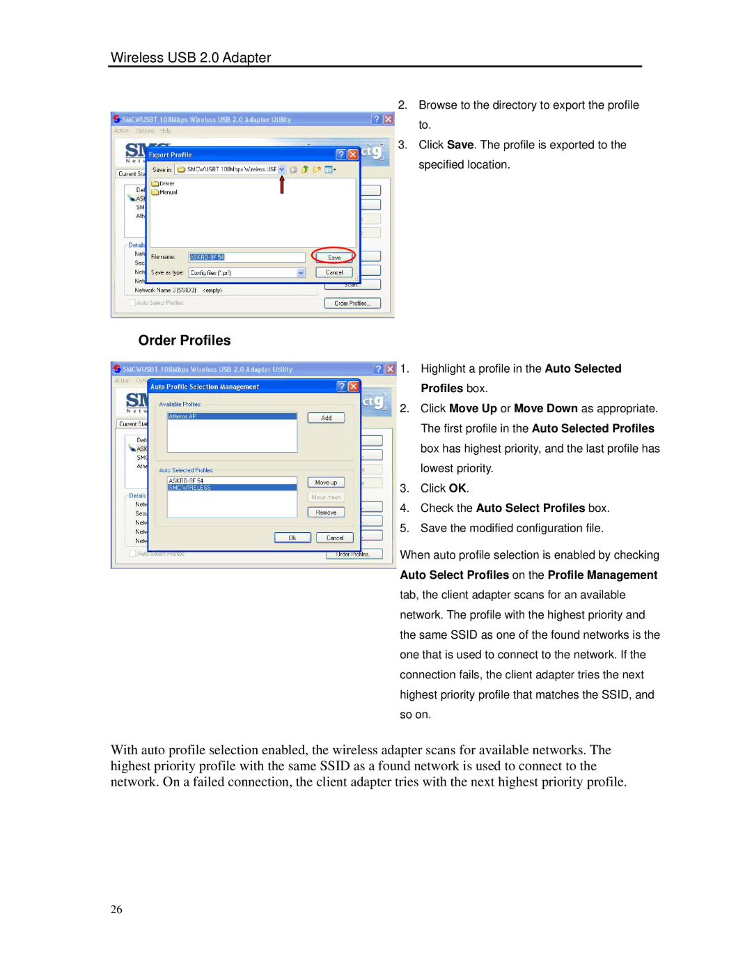 SMC Networks SMCWUSBT-G manual Order Profiles, Check the Auto Select Profiles box 