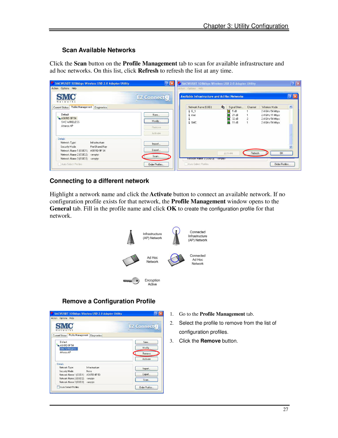 SMC Networks SMCWUSBT-G manual Scan Available Networks, Connecting to a different network, Remove a Configuration Profile 