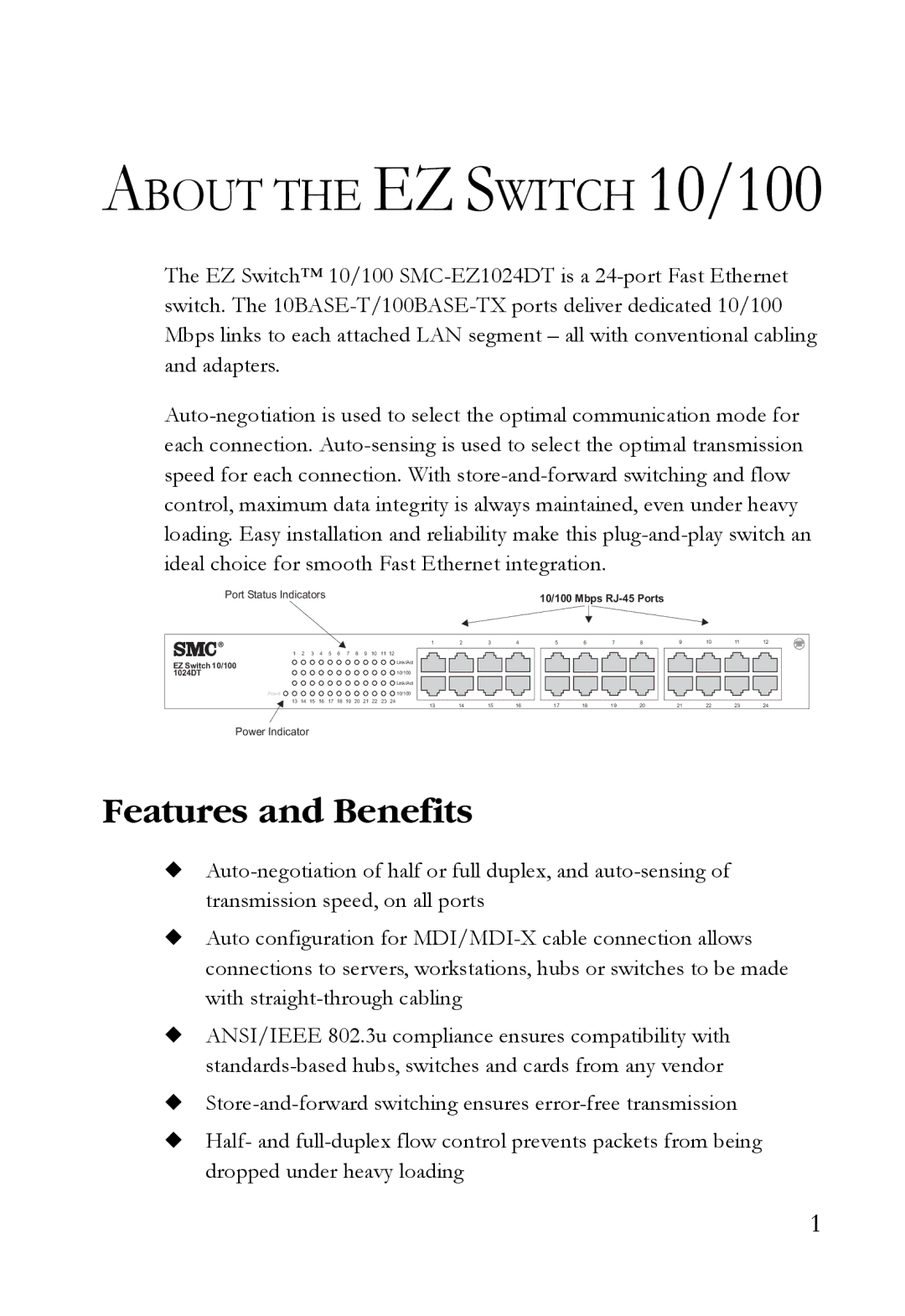 SMC Networks ST40 manual About the EZ Switch 10/100, Features and Benefits 