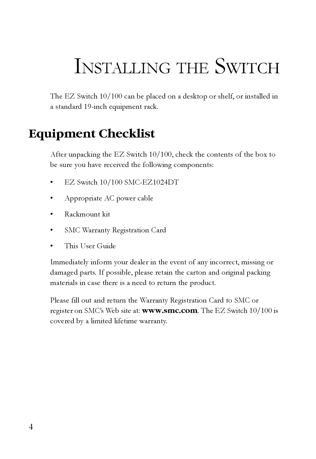 SMC Networks ST40 manual Installing the Switch, Equipment Checklist 