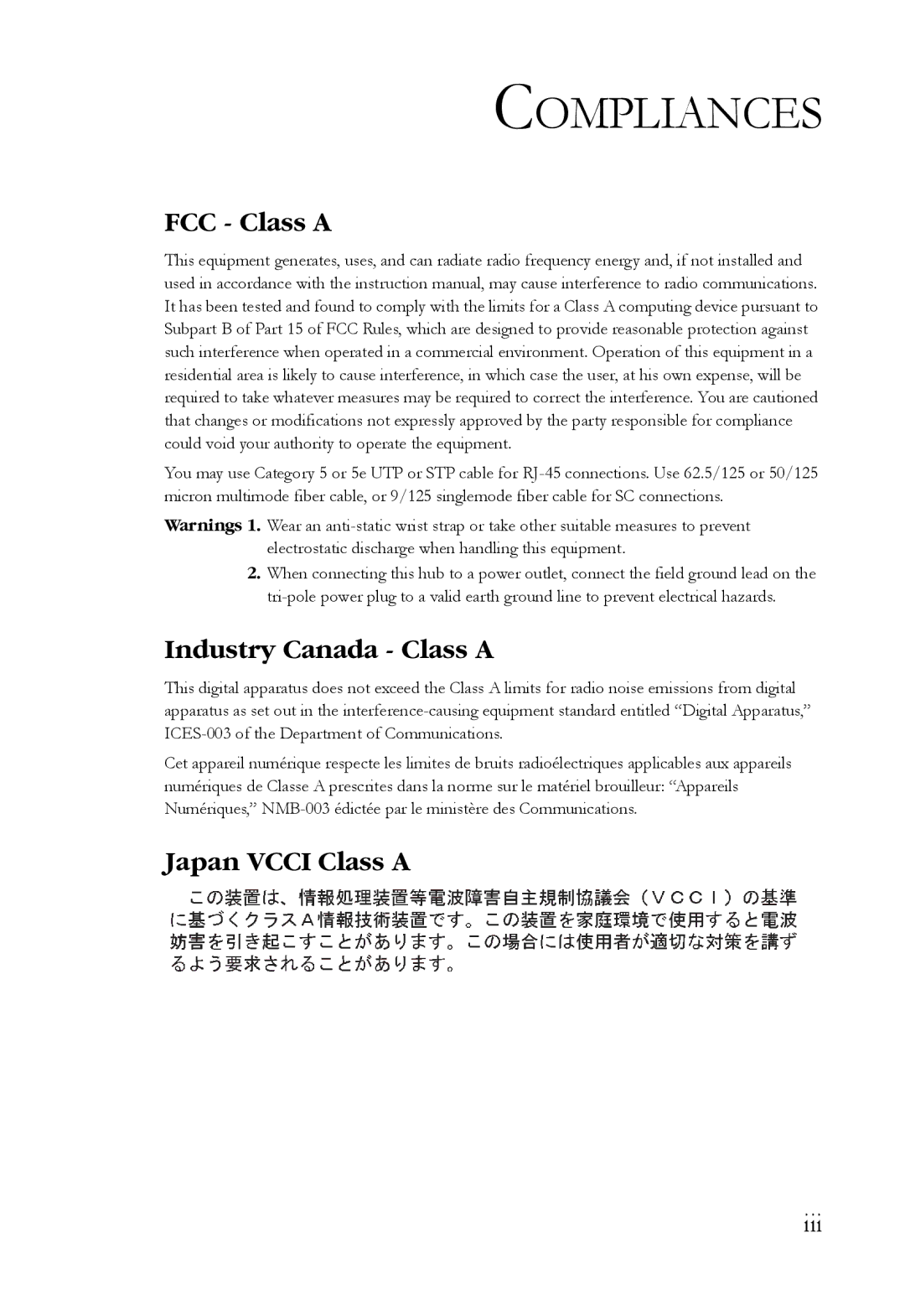 SMC Networks ST40 manual Compliances, FCC Class a, Industry Canada Class a, Japan Vcci Class a 