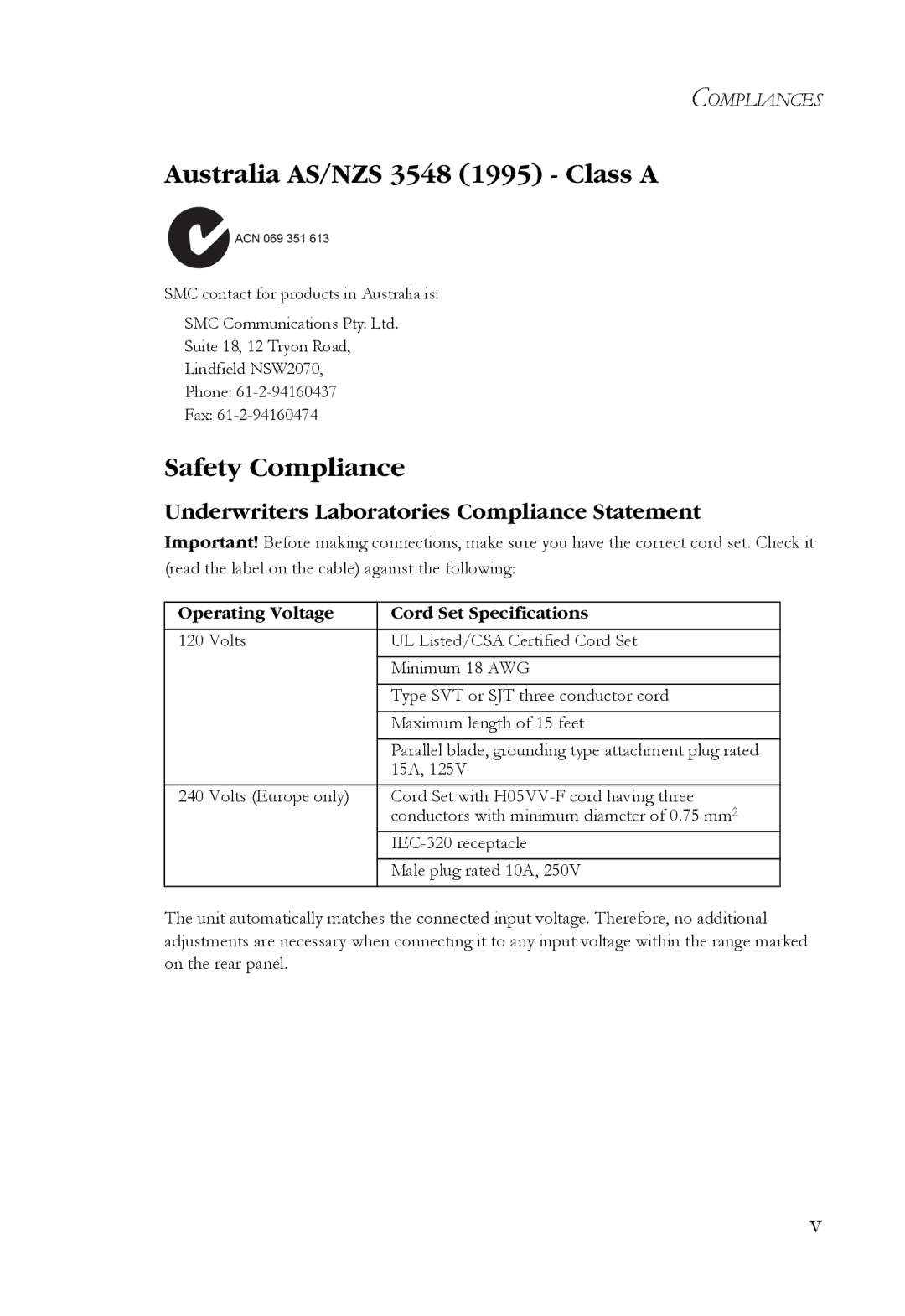 SMC Networks ST40 Australia AS/NZS 3548 1995 Class a, Safety Compliance, Underwriters Laboratories Compliance Statement 