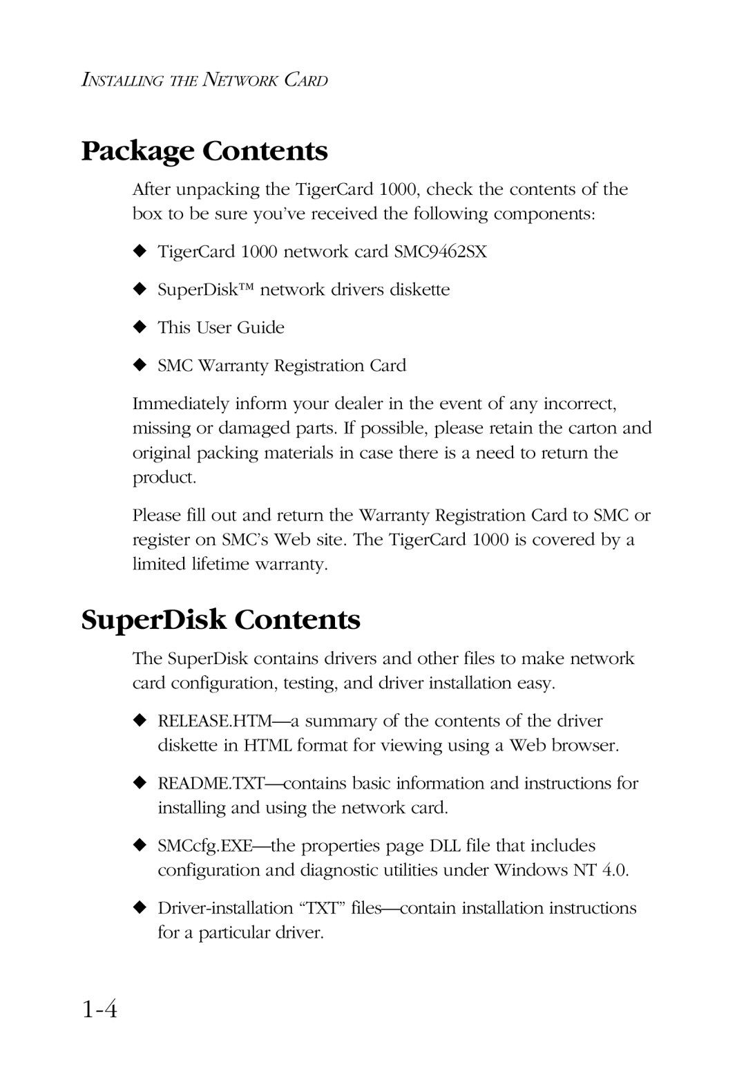 SMC Networks TigerCard 1000 manual Package Contents, SuperDisk Contents 