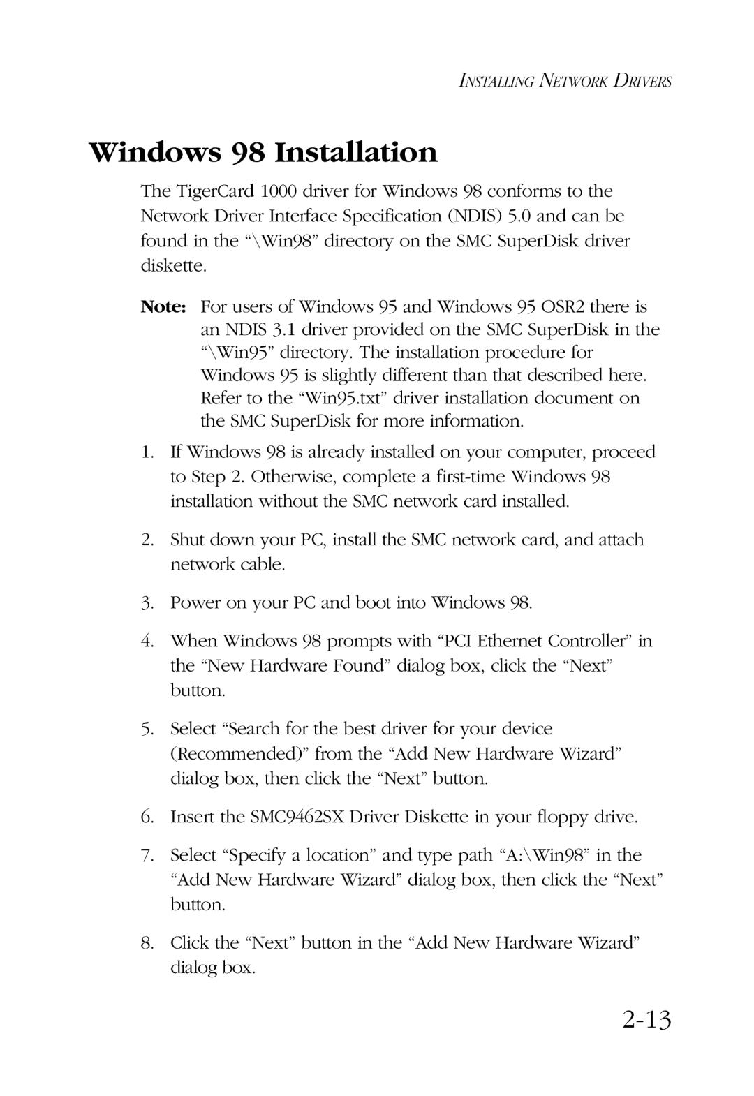 SMC Networks TigerCard 1000 manual Windows 98 Installation 