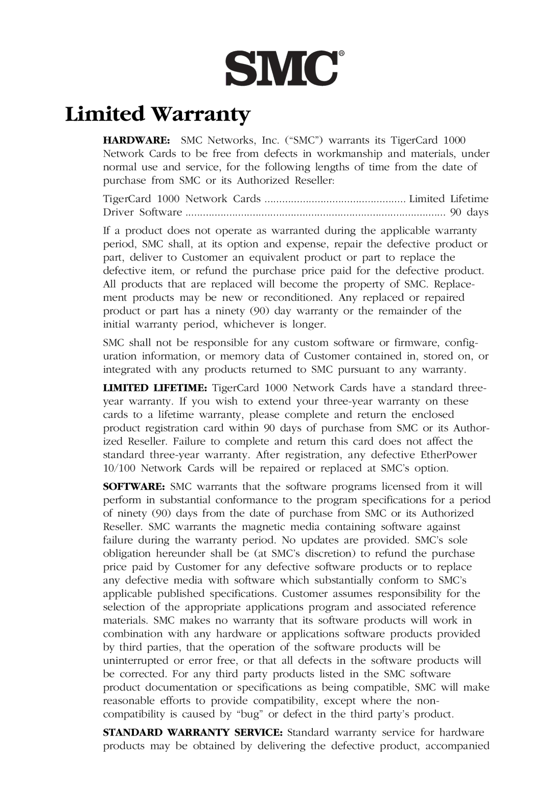 SMC Networks TigerCard 1000 manual Limited Warranty 