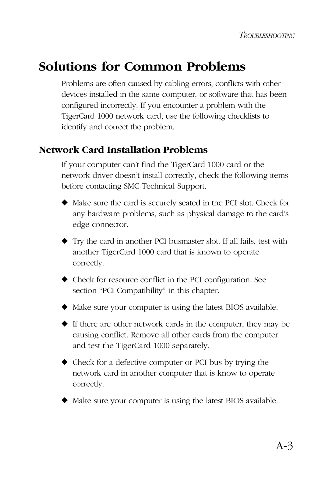 SMC Networks TigerCard 1000 manual Solutions for Common Problems, Network Card Installation Problems 