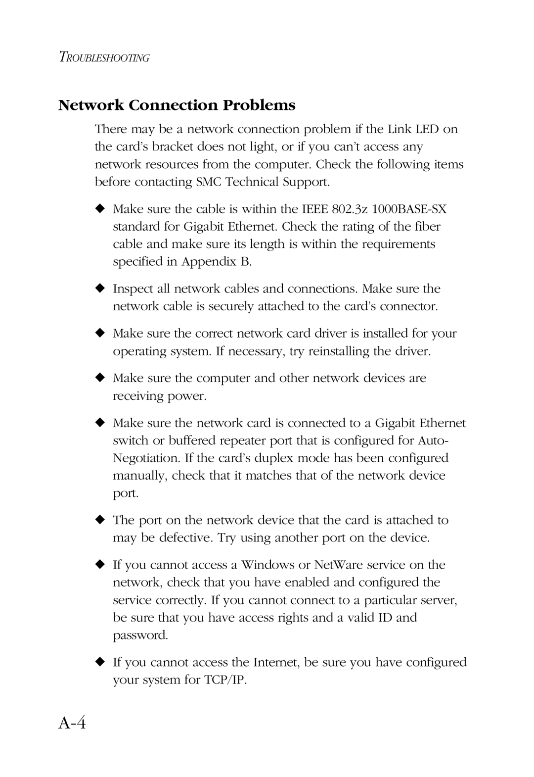 SMC Networks TigerCard 1000 manual Network Connection Problems 