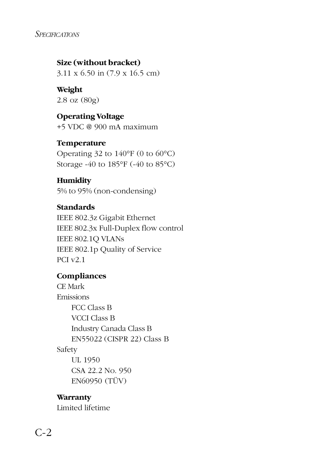 SMC Networks TigerCard 1000 manual Size without bracket 