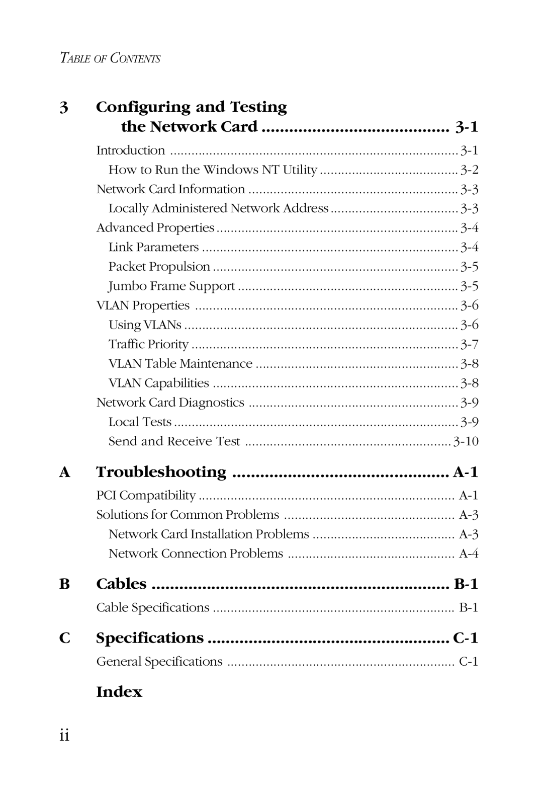 SMC Networks TigerCard 1000 manual Configuring and Testing Network Card, Troubleshooting, Cables, Specifications, Index 