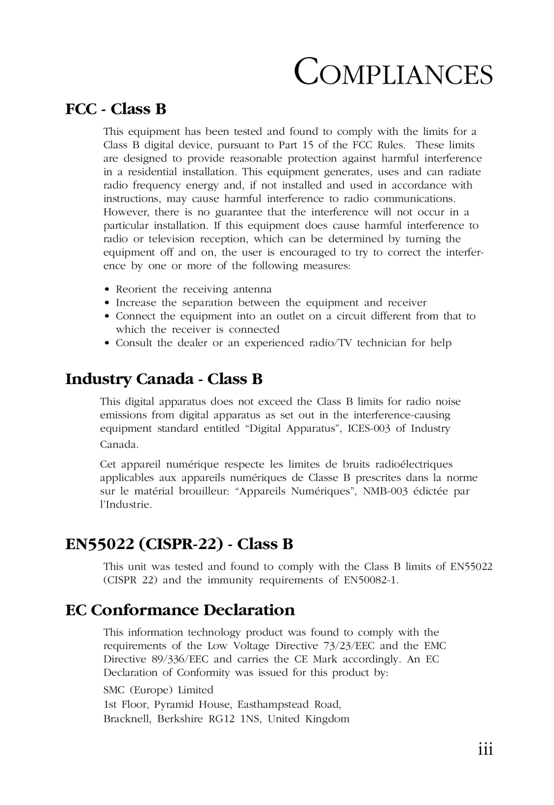 SMC Networks TigerCard 1000 manual Compliances, FCC Class B, Industry Canada Class B, EN55022 CISPR-22 Class B 