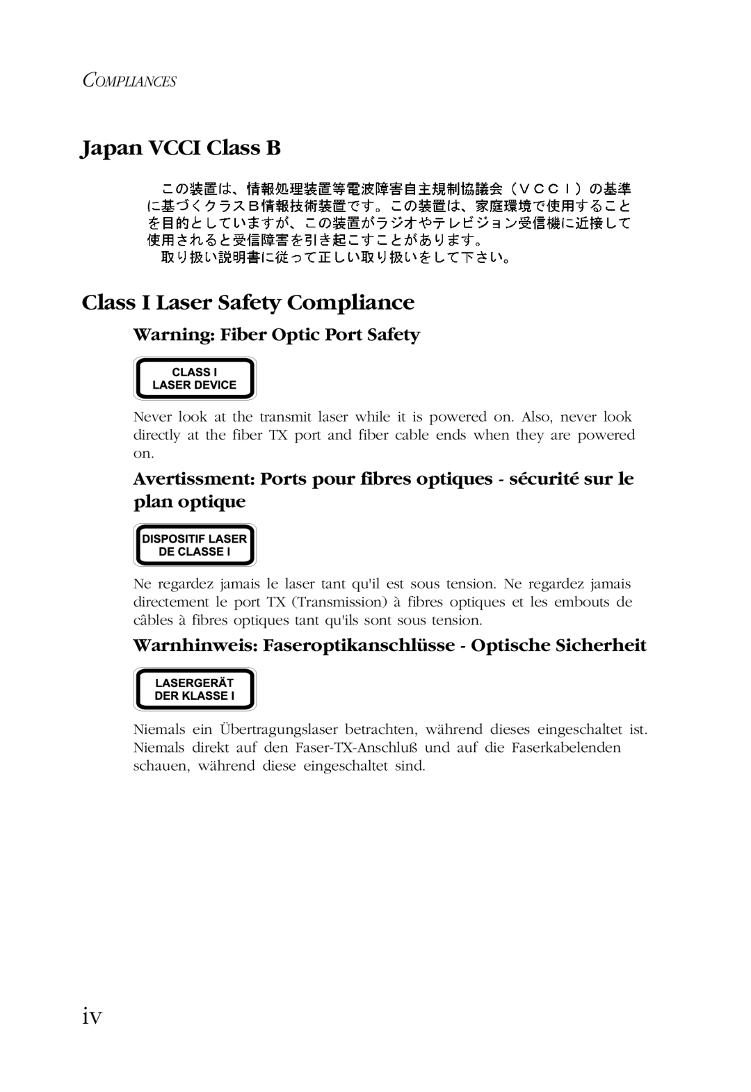 SMC Networks TigerCard 1000 manual Japan Vcci Class B Class I Laser Safety Compliance 