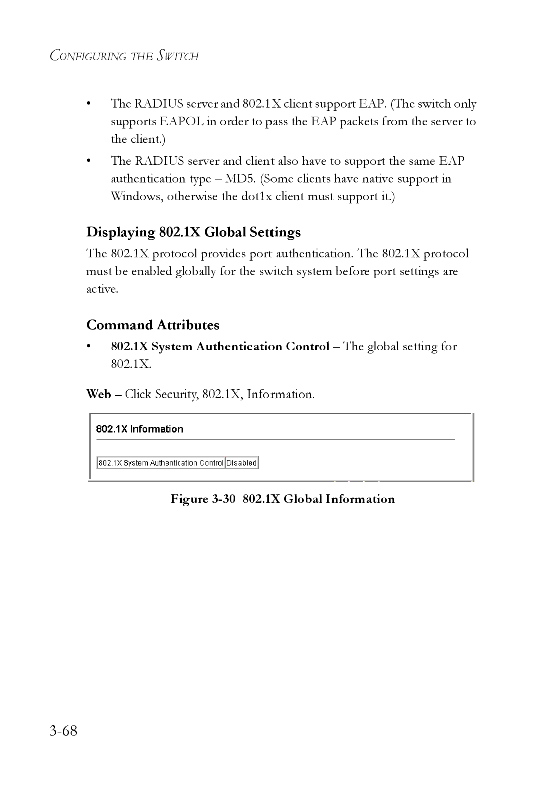 SMC Networks TigerSwitch Displaying 802.1X Global Settings, 802.1X System Authentication Control The global setting for 