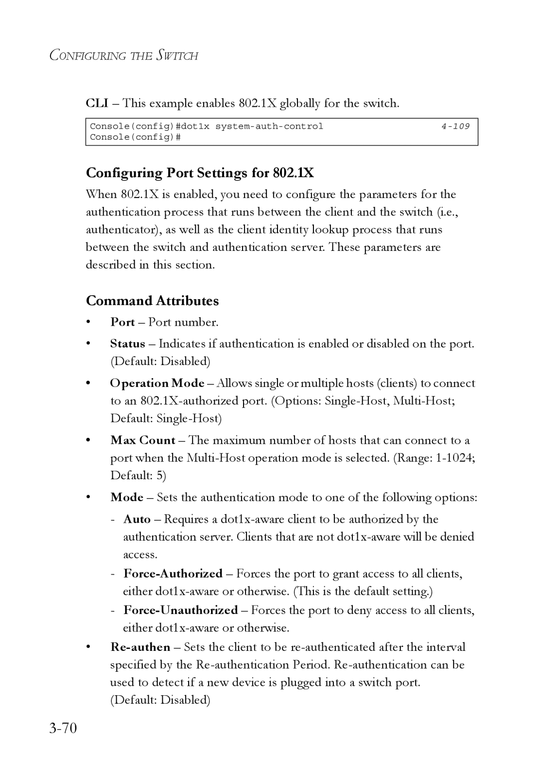 SMC Networks TigerSwitch manual Configuring Port Settings for, CLI This example enables 802.1X globally for the switch 