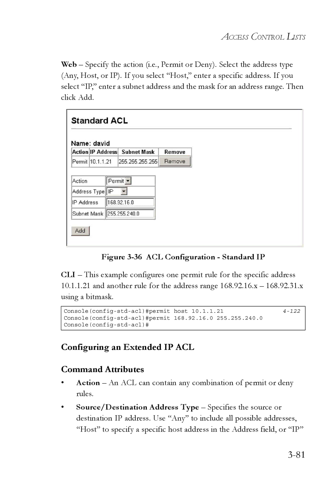 SMC Networks TigerSwitch manual Configuring an Extended IP ACL Command Attributes, ACL Configuration Standard IP 