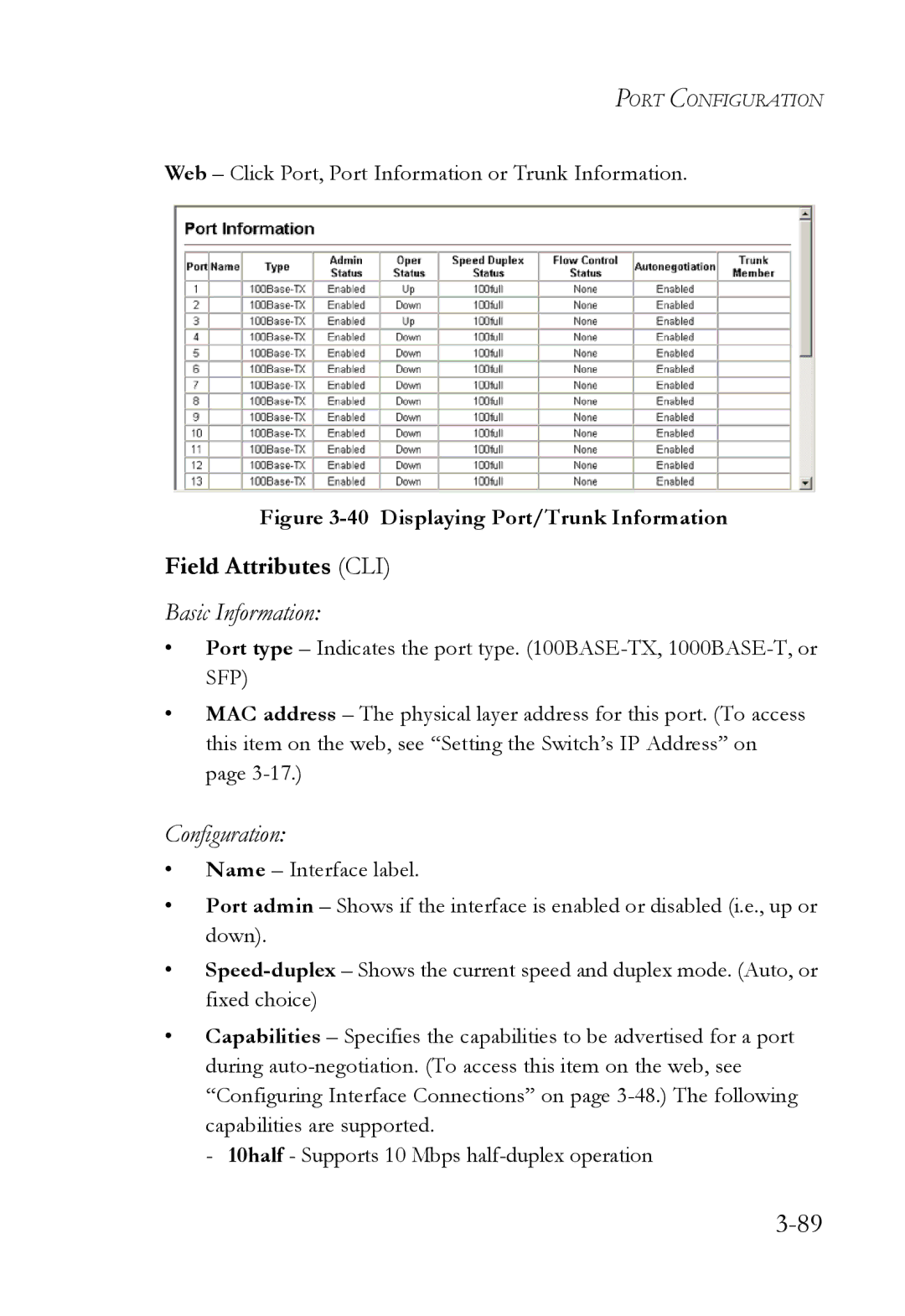 SMC Networks TigerSwitch manual Field Attributes CLI, Web Click Port, Port Information or Trunk Information 