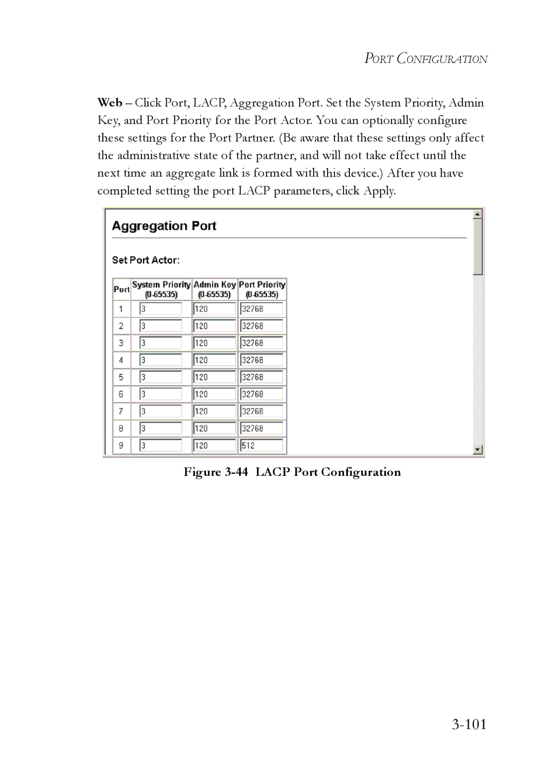 SMC Networks TigerSwitch manual 101, Lacp Port Configuration 