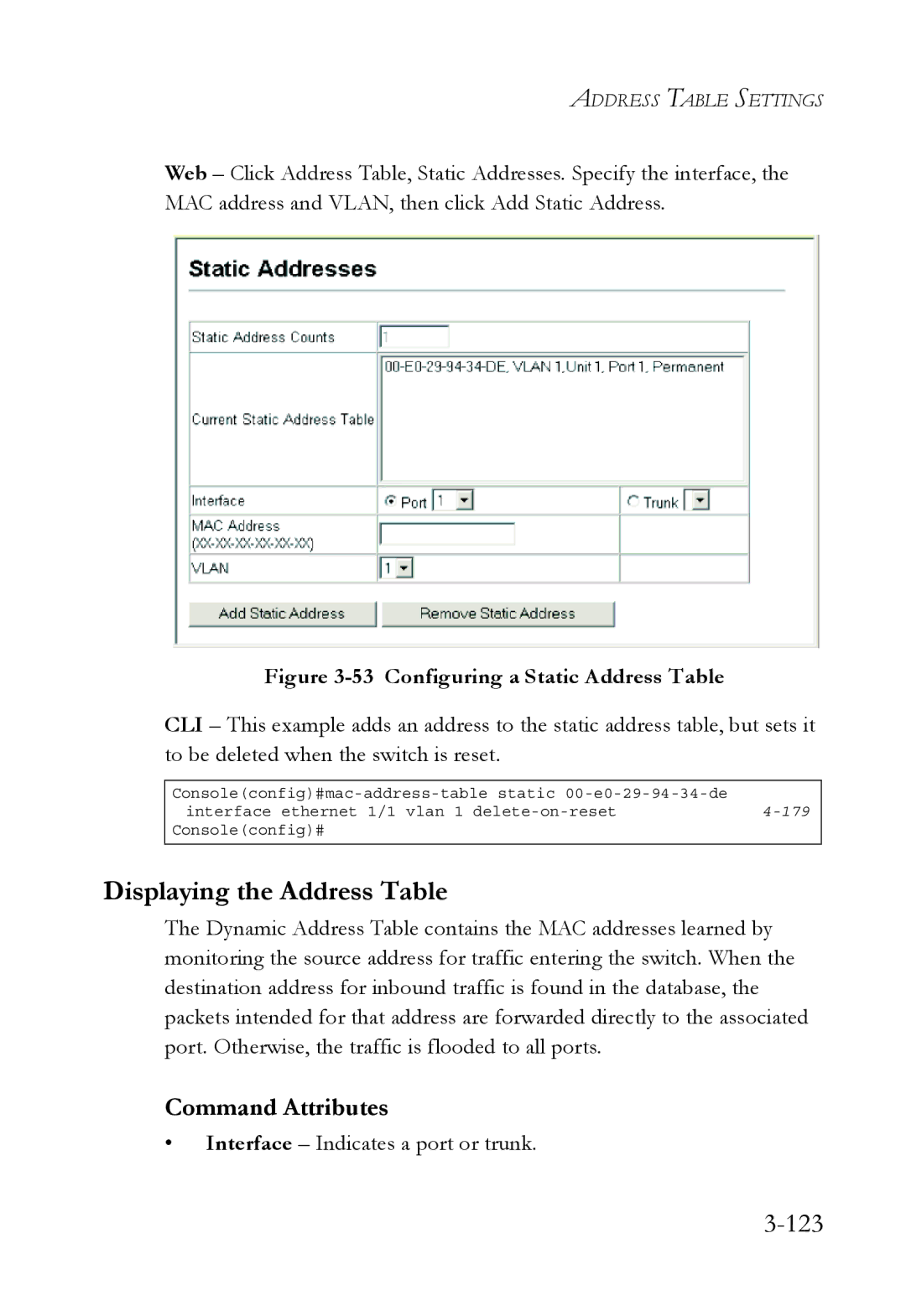 SMC Networks TigerSwitch manual Displaying the Address Table, 123, Interface Indicates a port or trunk 