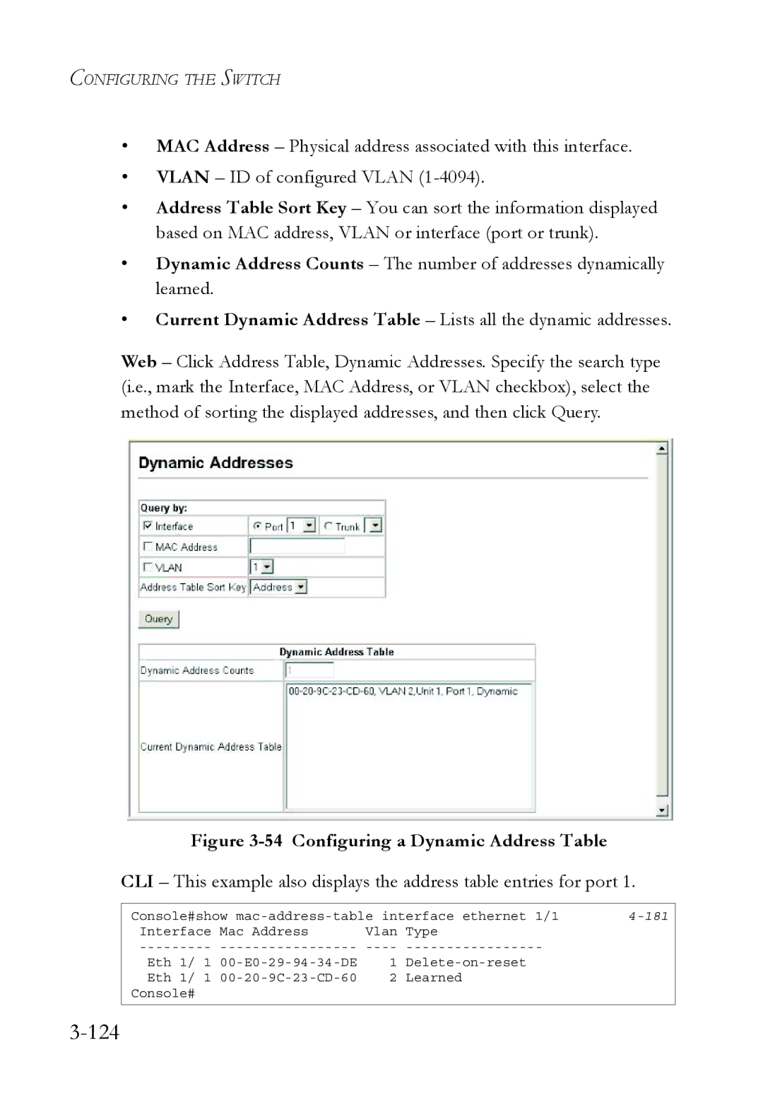 SMC Networks TigerSwitch manual 124, Configuring a Dynamic Address Table 