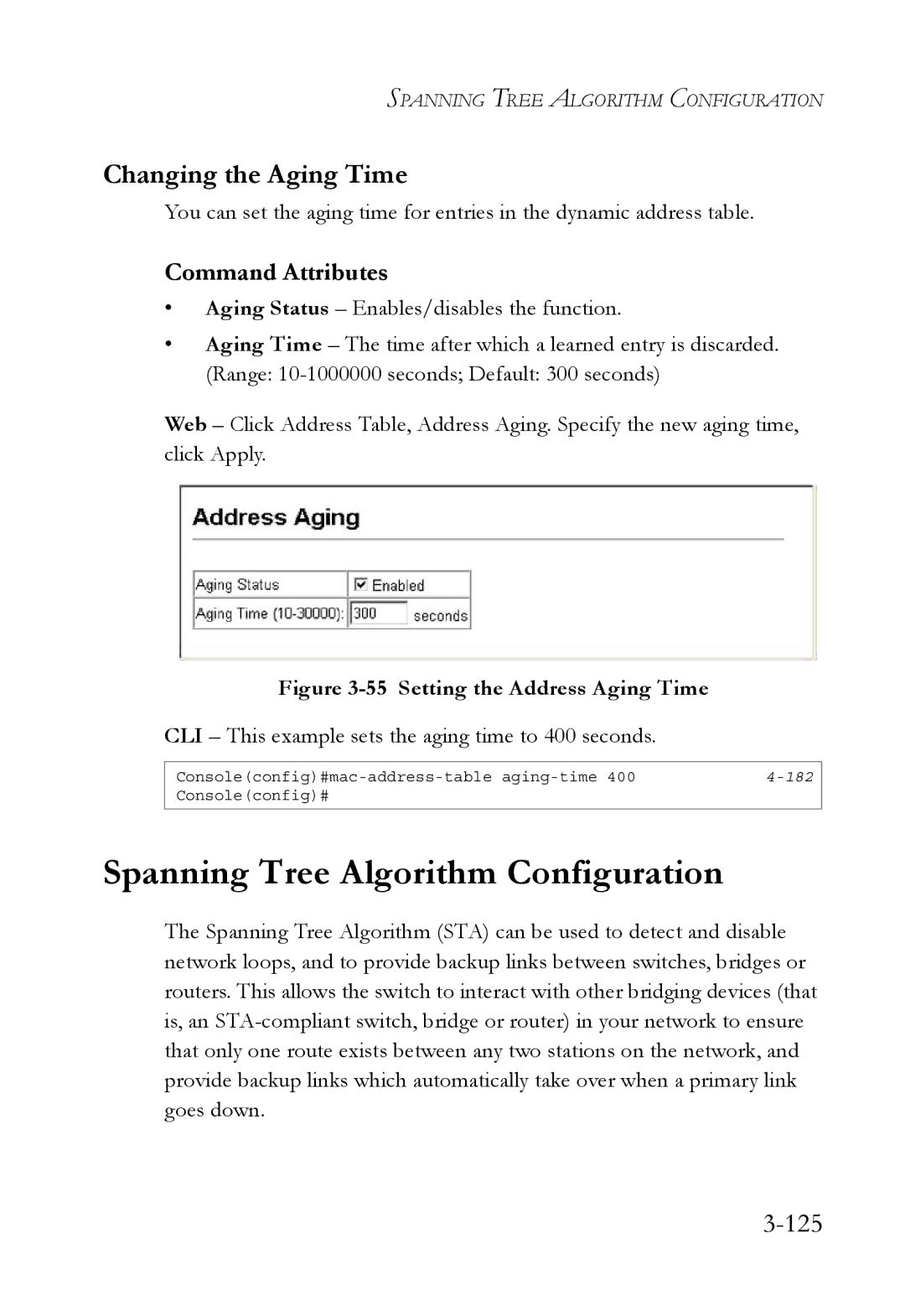 SMC Networks TigerSwitch manual Spanning Tree Algorithm Configuration, Changing the Aging Time, 125 