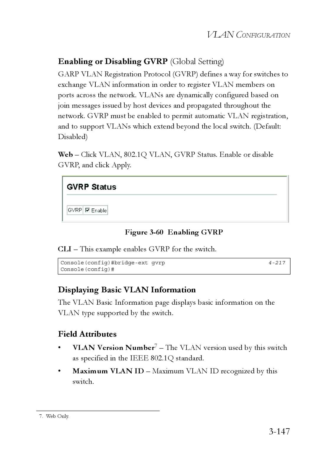 SMC Networks TigerSwitch manual 147, Enabling or Disabling Gvrp Global Setting, Displaying Basic Vlan Information 